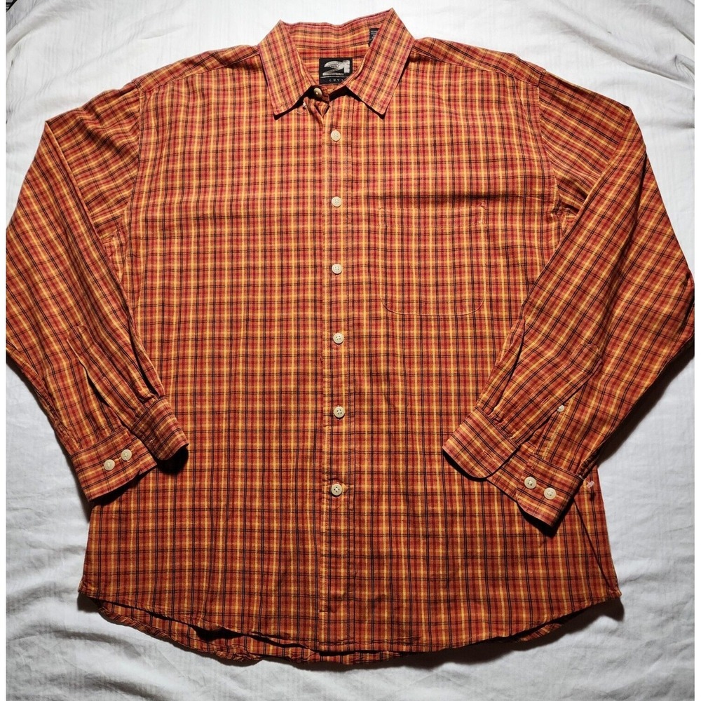 Rue21 Shirt Men Medium Peach Orange Check Plaid Button Up Long Sleeve Guys